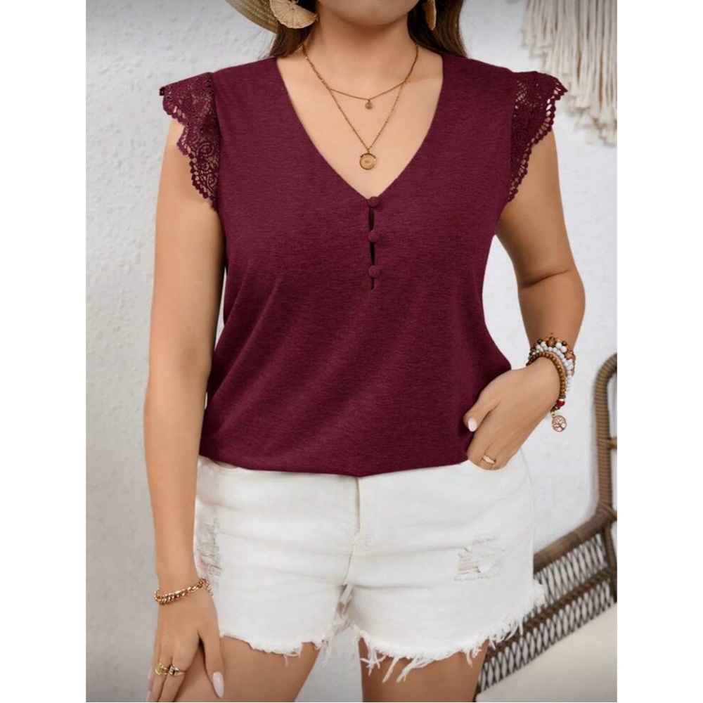 Elegant Burgundy Lace Flutter Sleeve Top Plus XXL